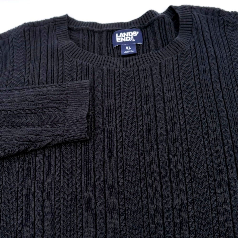Lands End Womens XL Navy Blue Cable Knit Cotton Modal Crew Neck Sweater Pullover